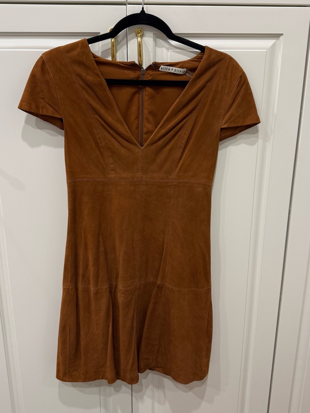Alice + Olivia Burnt Orange Suede V-Neck Mini Dress
